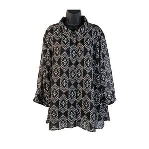 Simply Emma Women's Full Button Blouse Plus 3X Black White Geo Print Lightweight